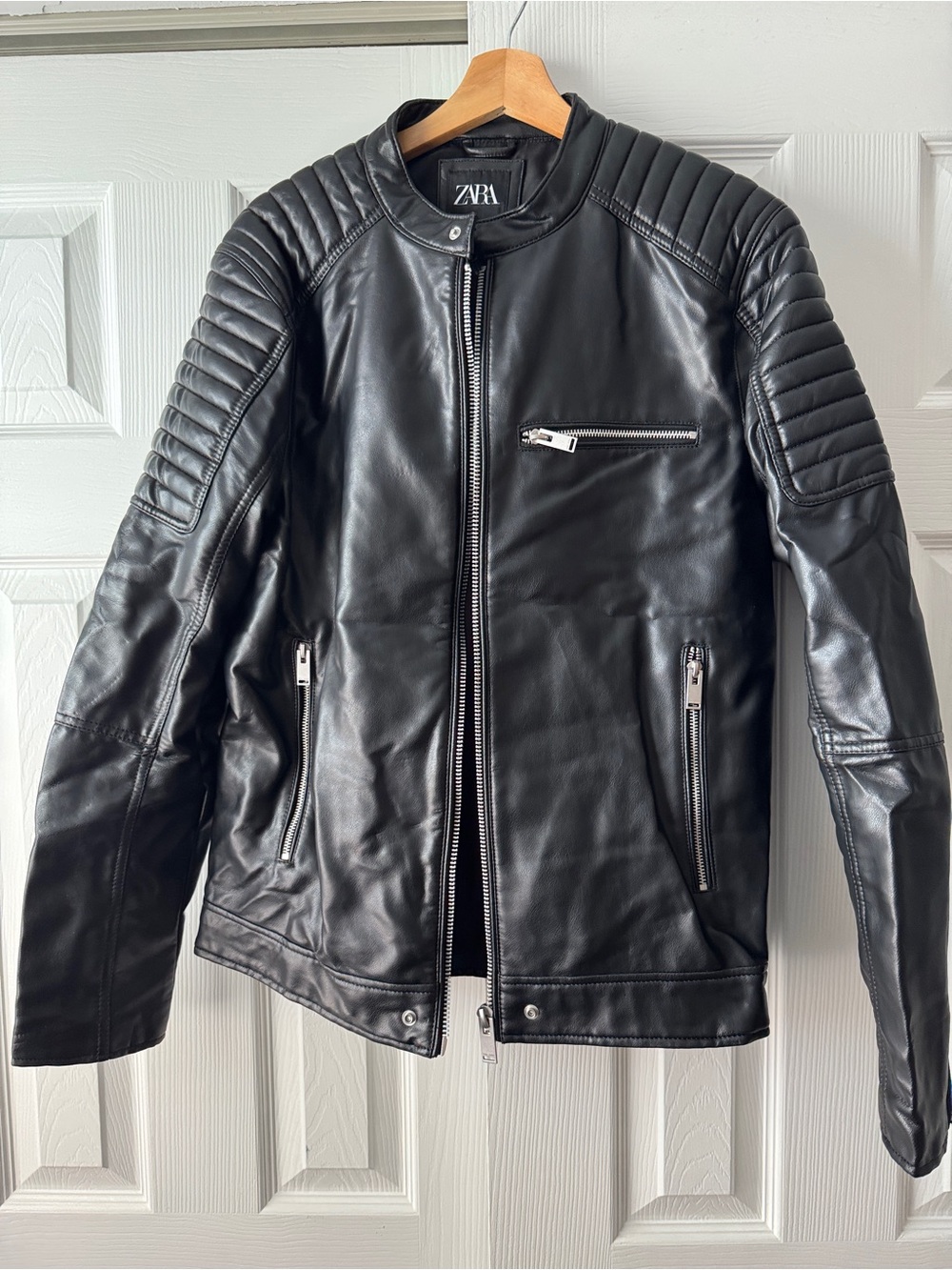 Zara Black Quilted-Shoulder Faux Leather Bomber Jacket